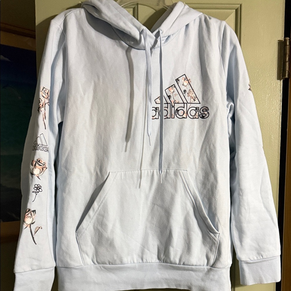 Adidas Pastel Blue Hoodie with Floral Details